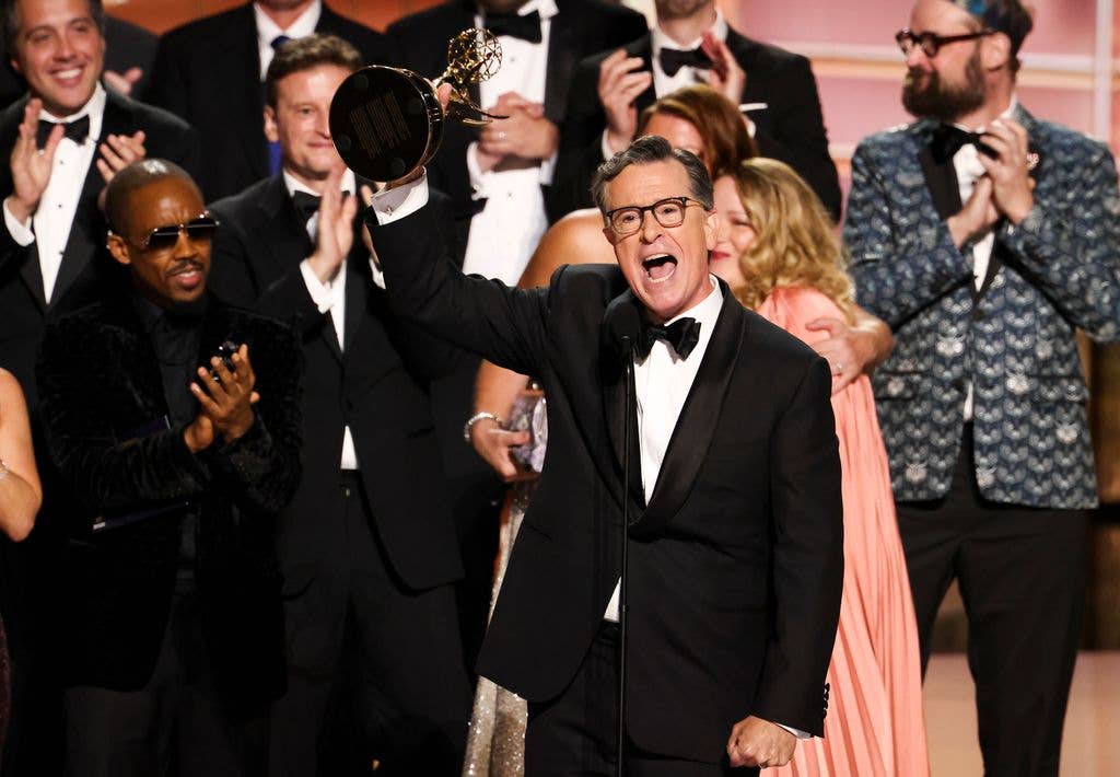 Stephen Colbert accepts the Outstanding Talk Series Award for "The Late Show with Stephen Colbert" onstage during The 77th Primetime Emmy Awards at Peacock Theater on September 14, 2025 in Los Angeles, California.