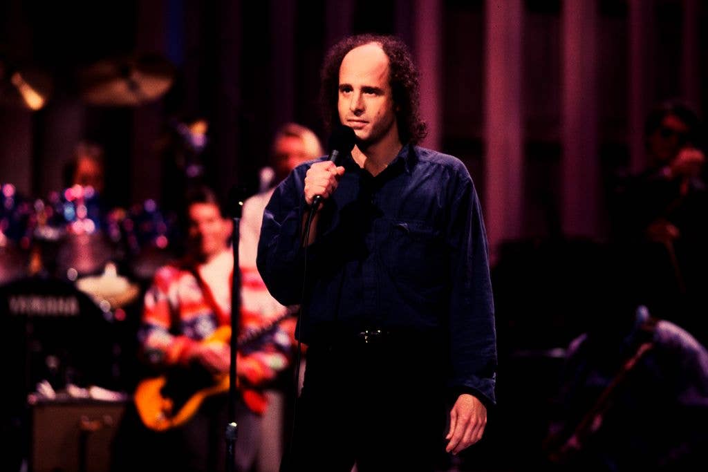 American comedian Steven Wright performs onstage at the Chicago Theater, during a taping of the David Letterman Show, Chicago, Illinois, May 5, 1981.