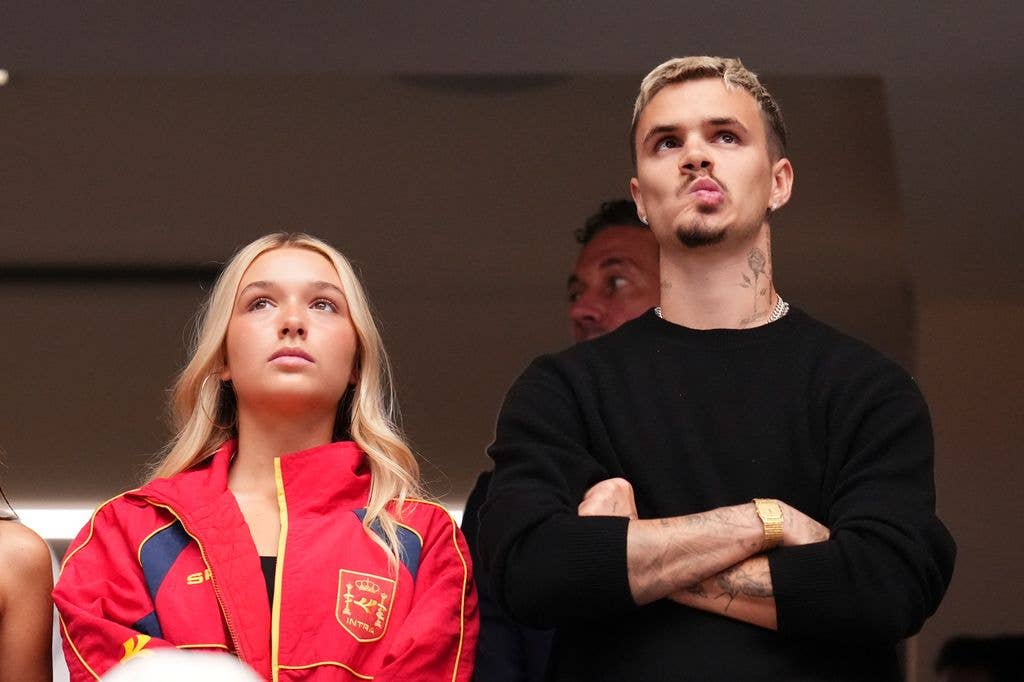 Harper Beckham and Romeo Beckham are seen during the FIFA World Cup 2026 Semi Final match between France and Spain
