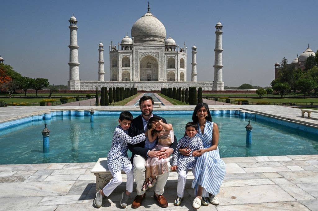 JD, Usha Vance, daughter Mirabel and sons Ewan and Vivek pose during their tour at the Taj Mahal