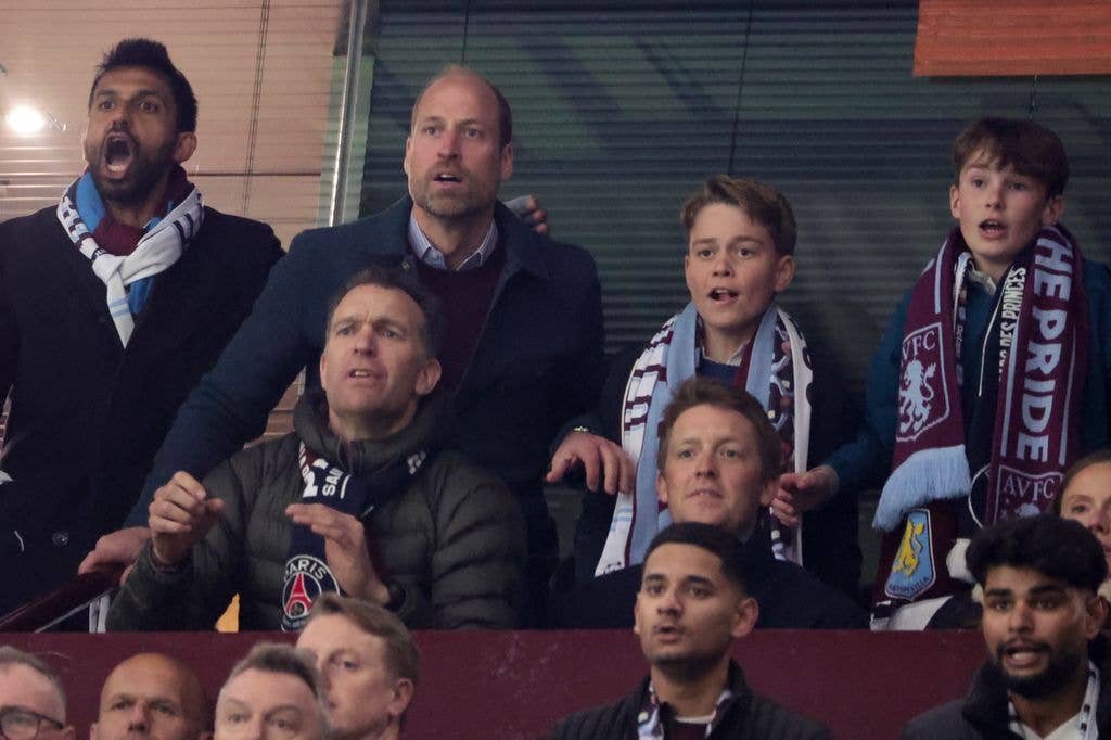 Prince William, Prince of Wales and Prince George of Wales attend the UEFA Champions League 2024/25 Quarter Final Second Leg football match between Aston Villa FC and Paris Saint-Germain (PSG) at Villa Park on April 15, 2025 in Birmingham, England