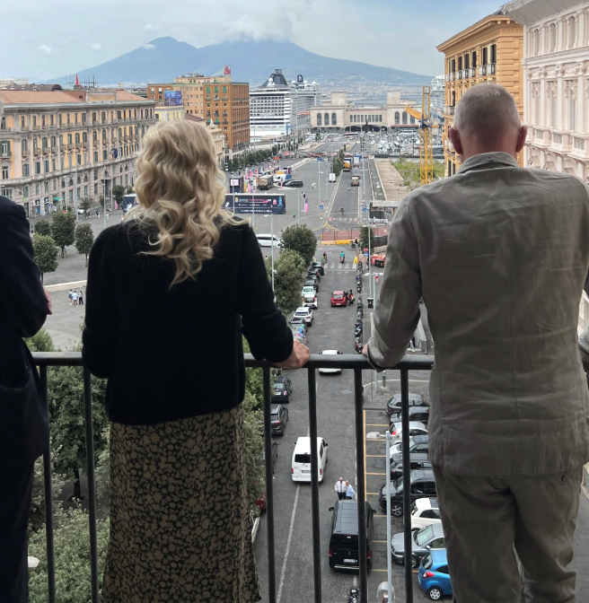 Trudie and Sting taking in panoramic views across the city towards Mount Vesuvius