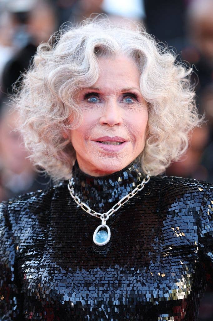 jane fonda close up in black gown