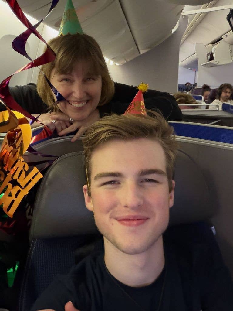 Iain Armitage poses for a selfie while celebrating his 18th birthday on a United Airlines flight, shared on Instagram