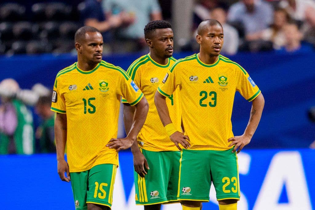 Iqraam Rayners #15 of South Africa, Teboho Mokoena #4 of South Africa, and Jayden Adams #23 of South Africa stand on the pitch before the FIFA World Cup 2026 Group A match between Czechia and South Africa at Atlanta Stadium on June 18, 2026 in Atlanta, Georgia. (Photo by Andrew J. Clark/ISI Photos/ISI Photos via Getty Images)