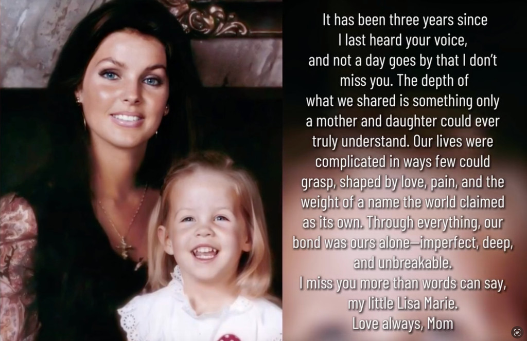 Priscilla Presley and her daughter Lisa Marie Presley smiling together with a heartfelt message.