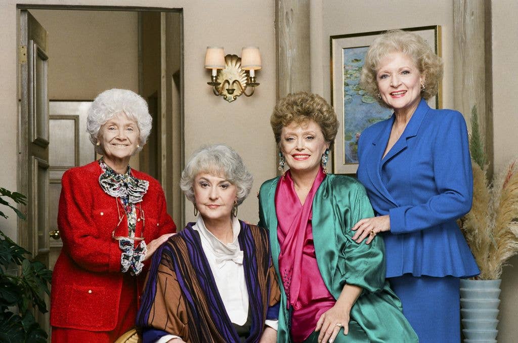 THE GOLDEN GIRLS -- Season 4 -- Pictured: (l-r) Estelle Getty as Sophia Petrillo, Bea Arthur as Dorothy Petrillo Zbornak, Rue McClanahan as Blanche Devereaux, Betty White as Rose Nylund -- Photo by: Paul Drinkwater/NBCU Photo Bank
