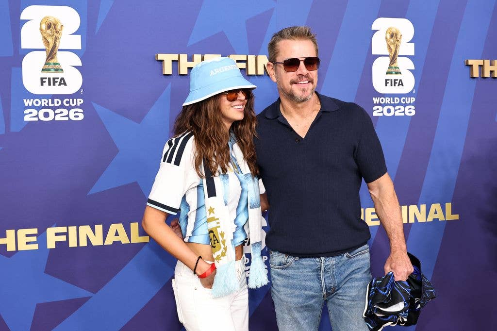 Luciana Damon and Matt Damon attend the FIFA Gold Carpet before the FIFA World Cup 2026 Final match between Spain and Argentina at New York New Jersey Stadium on July 19, 2026 in East Rutherford, New Jersey