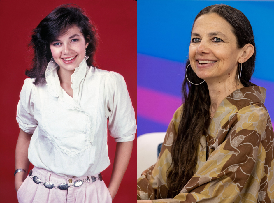 Split image of Justine Bateman. On the left, photographed against a red background in 1986. On the right, appearing on the TODAY show in 2023.