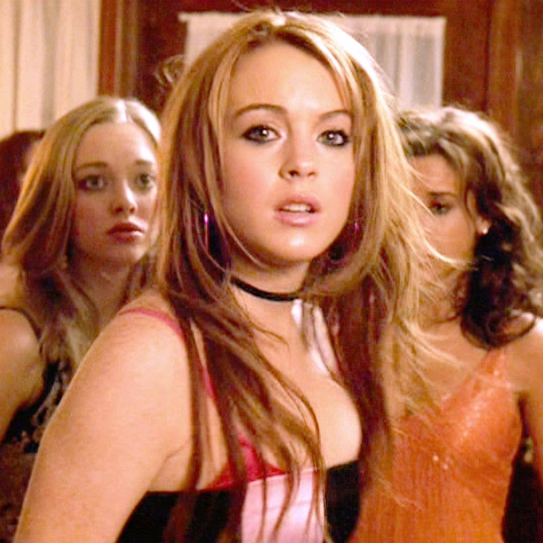 The movie "Mean Girls", directed by Mark Waters. Seen here front and center, Lindsay Lohan as Cady Heron.  Initial theatrical release April 30, 2004. Screen capture. Paramount Pictures.