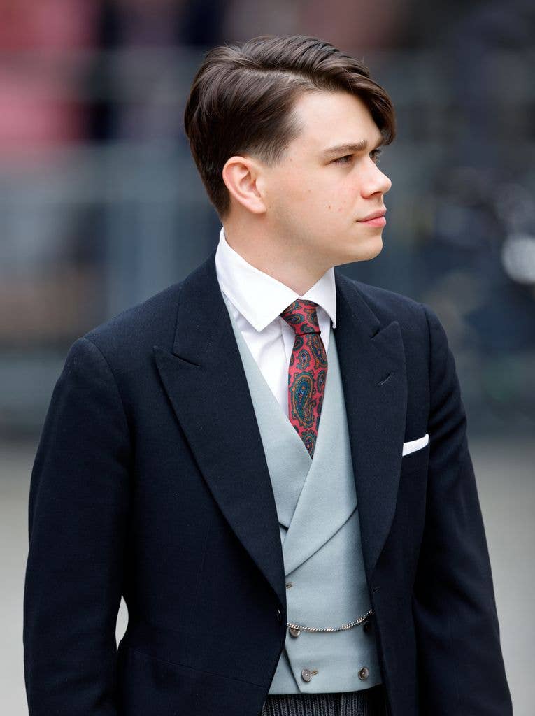 sam chatto in suit for national service of thanksgiving 