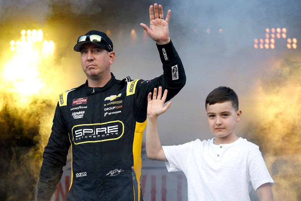 Kyle and Brexton during driver intros prior to the NASCAR Craftsman Truck Series Rackley Roofing 200