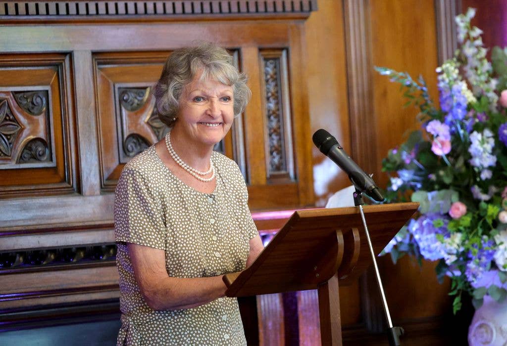 Penelope Keith reads a poem during The Oldie Luncheon, in celebration of Queen Camilla's 75th Birthday 
