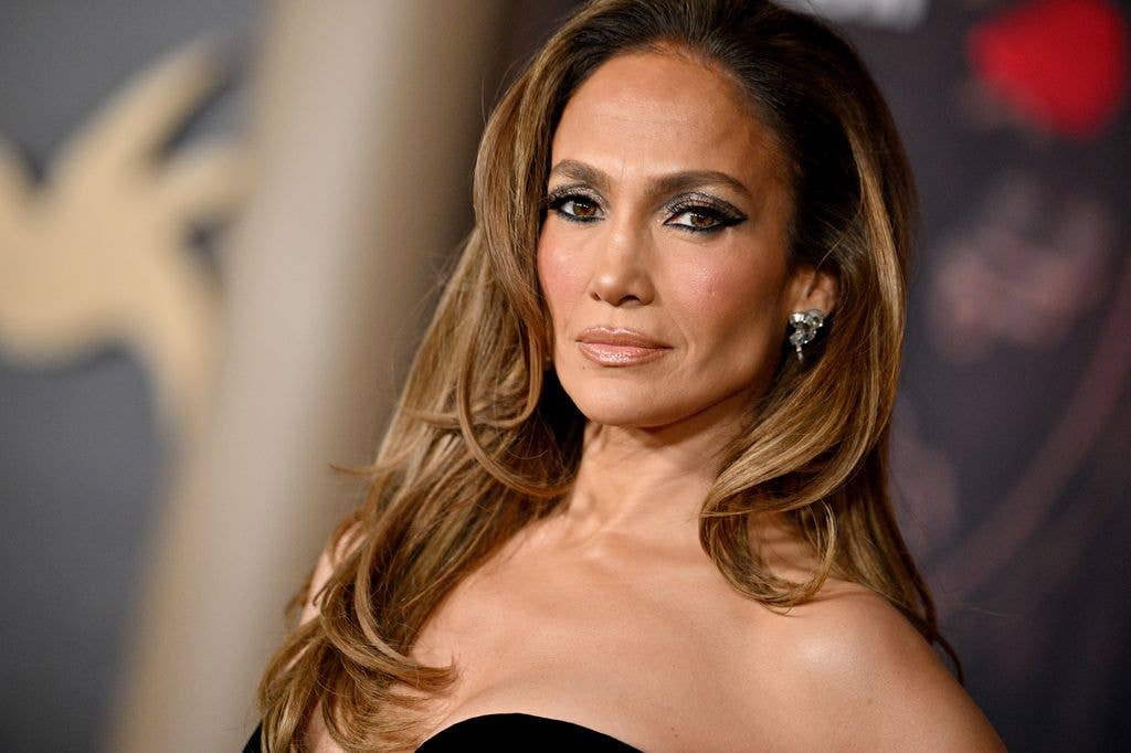 Jennifer Lopez in a strapless black dress.