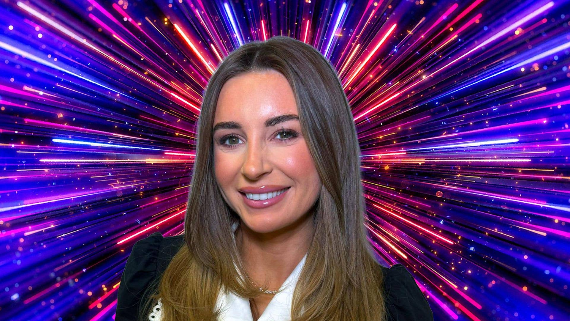 Dani Dyer in front of a firework-like background