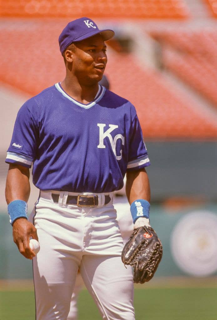 Bo Jackson #16 of the Kansas City Royals warms up before the Major League Baseball All-Star Game on July 11, 1989 at Anaheim Stadium in Anaheim, California.