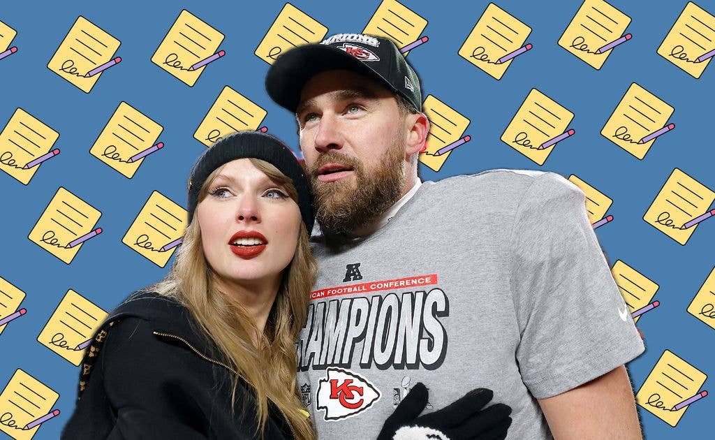 taylor swift and travis kelce with contracts behind