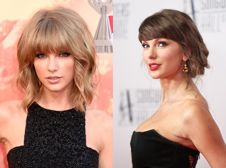 Split image of Taylor Swift. Seen in 2015 and 2026.