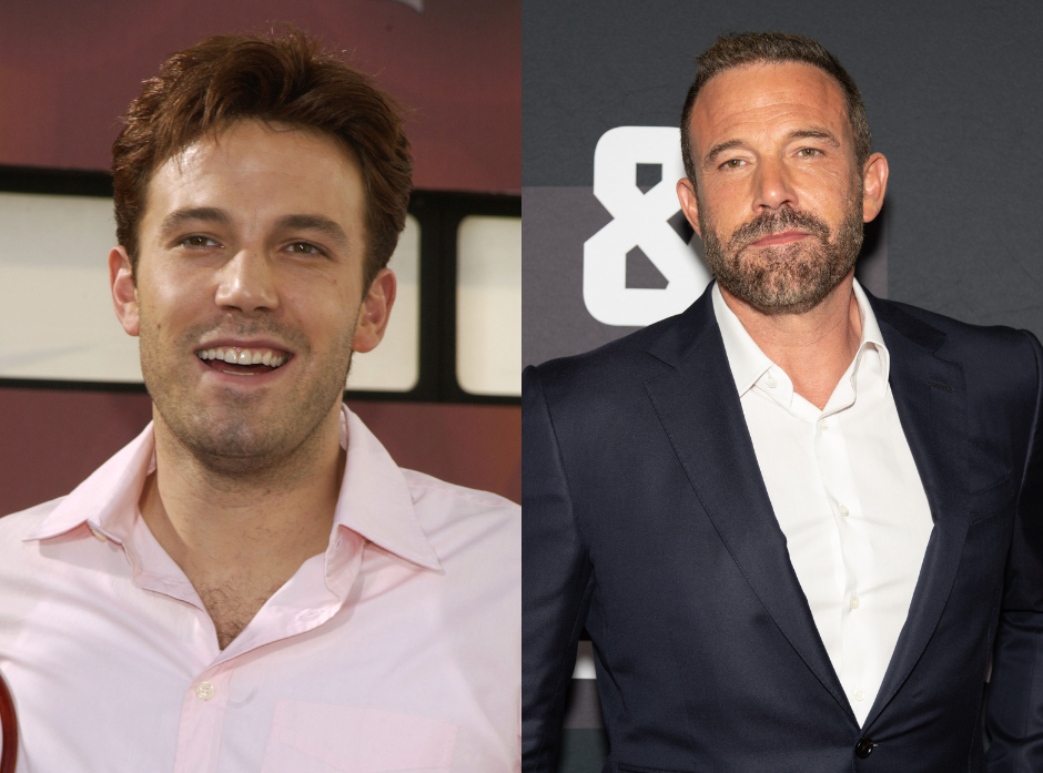 Split image of Ben Affleck. Shown in 2002 and in 2026.