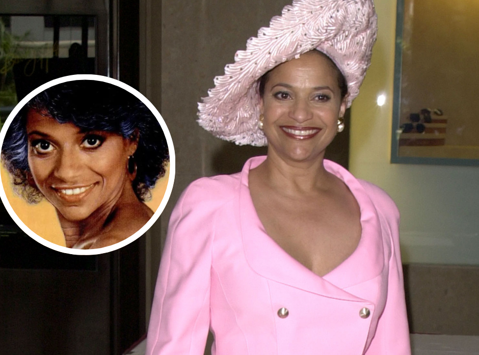 Portrait of Debbie Allen in a pink suit and pink hat, with a smaller circular image of the actress as Ebony Magazine predicted she would look.