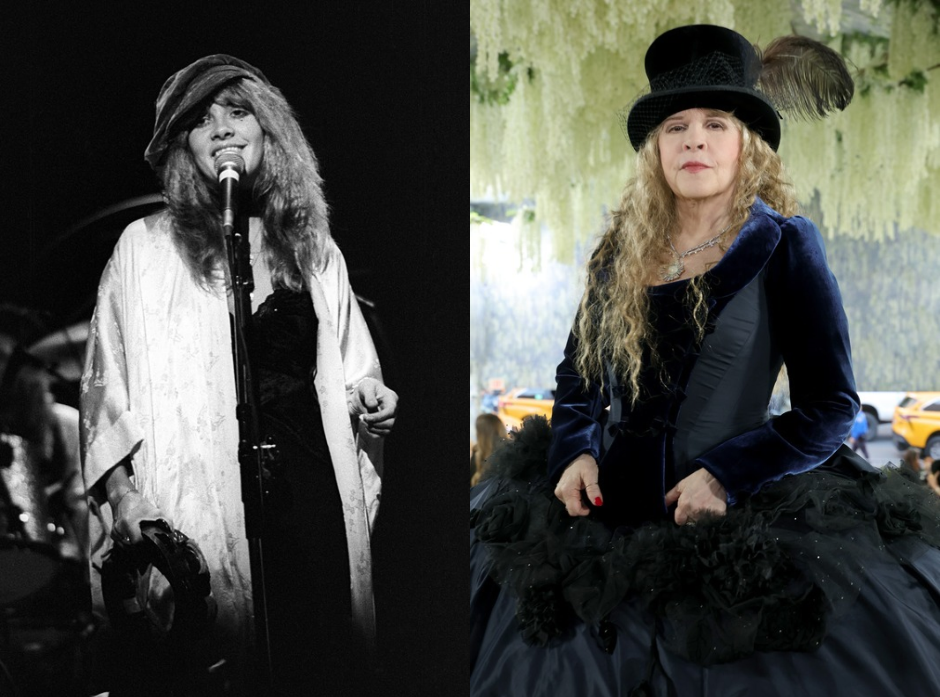 Split image of Stevie Nicks. Pictured in 1977 and in 2026.