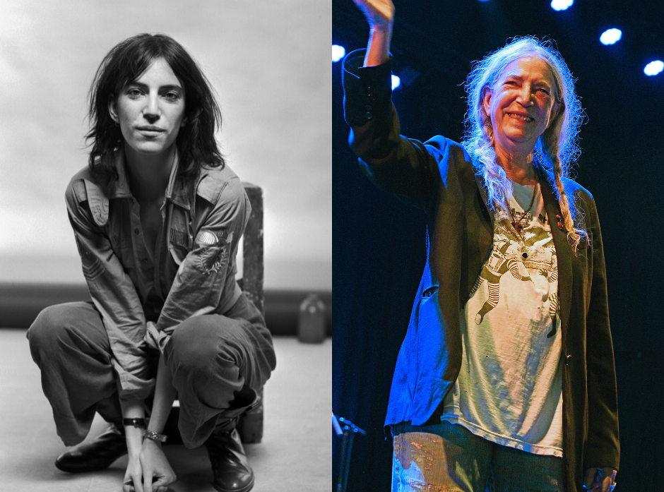 Split image of Patti Smith. Pictured in 1976 and 2026.