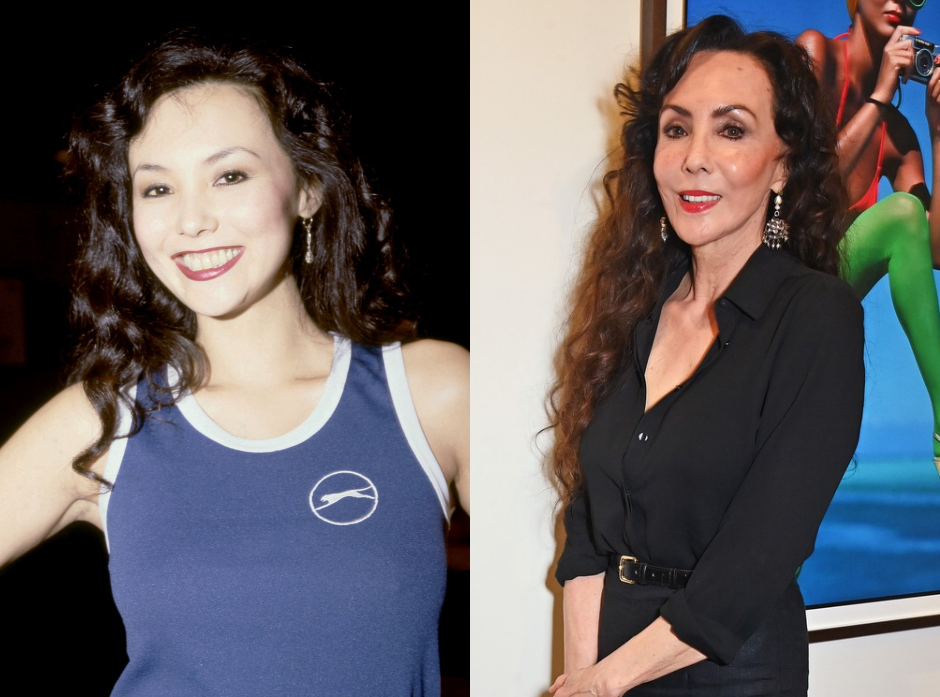 Split image of Marie Helvin. Pictured in 1978 and 2024.