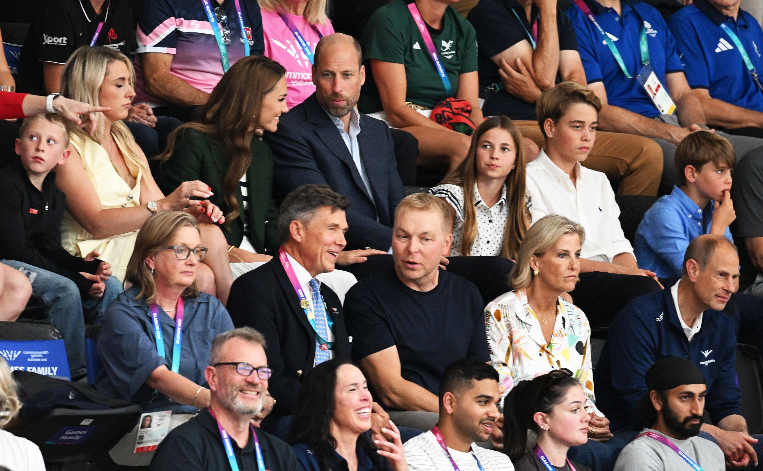 Catherine, Princess of Wales, Prince William, Prince of Wales, Princess Charlotte and Prince George attend Track Cycling at the Sir Chris Hoy Velodrome during the 2026 Commonwealth Games, on August 01, 2026, in Glasgow, Scotland. (Photo by Rob Casey/SNS Group via Getty Images)