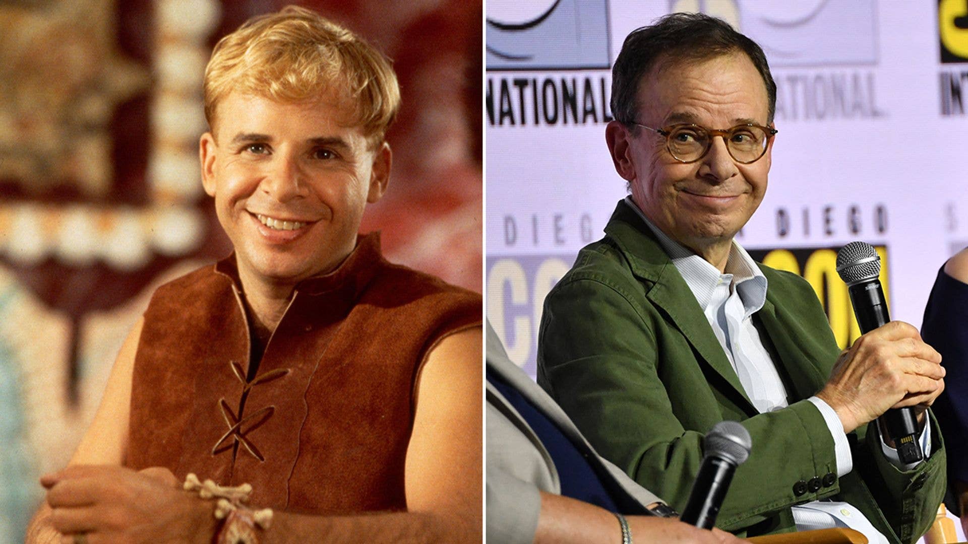 Rick Moranis in two photos: one smiling in brown vest, another speaking with microphone.