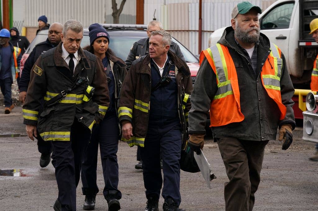 Dermot Mulroney as Chief Dom Pascal, David Eigenberg as Christopher Herrmann, Katelynn Shennett as Kylie Estevez on Chicago Fire season 13