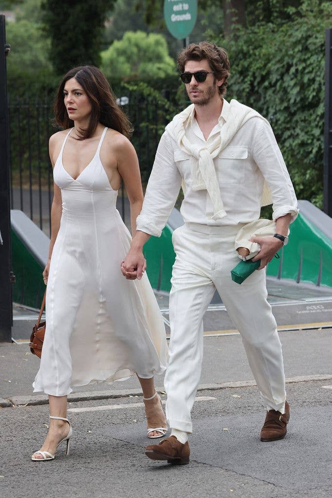 Monica Barbaro and Andrew Garfield at the England Lawn Tennis and Croquet Club in 2025.
