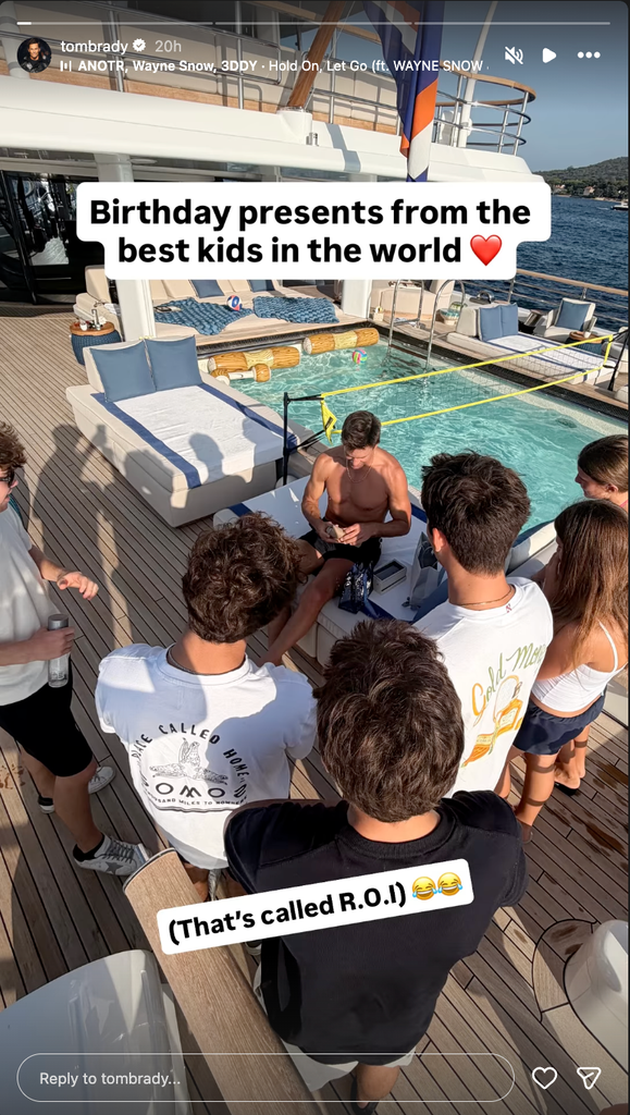 Tom Brady receives presents from his kids on his 49th birthday while on a yacht, shared on Instagram