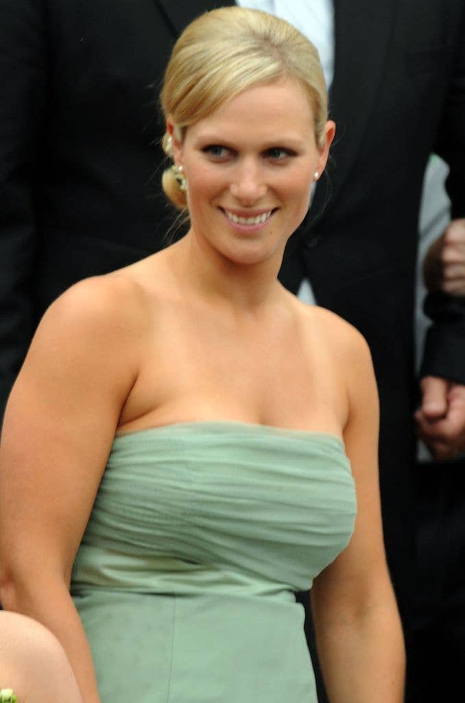 Zara Tindall in a green strapless bridesmaid dress