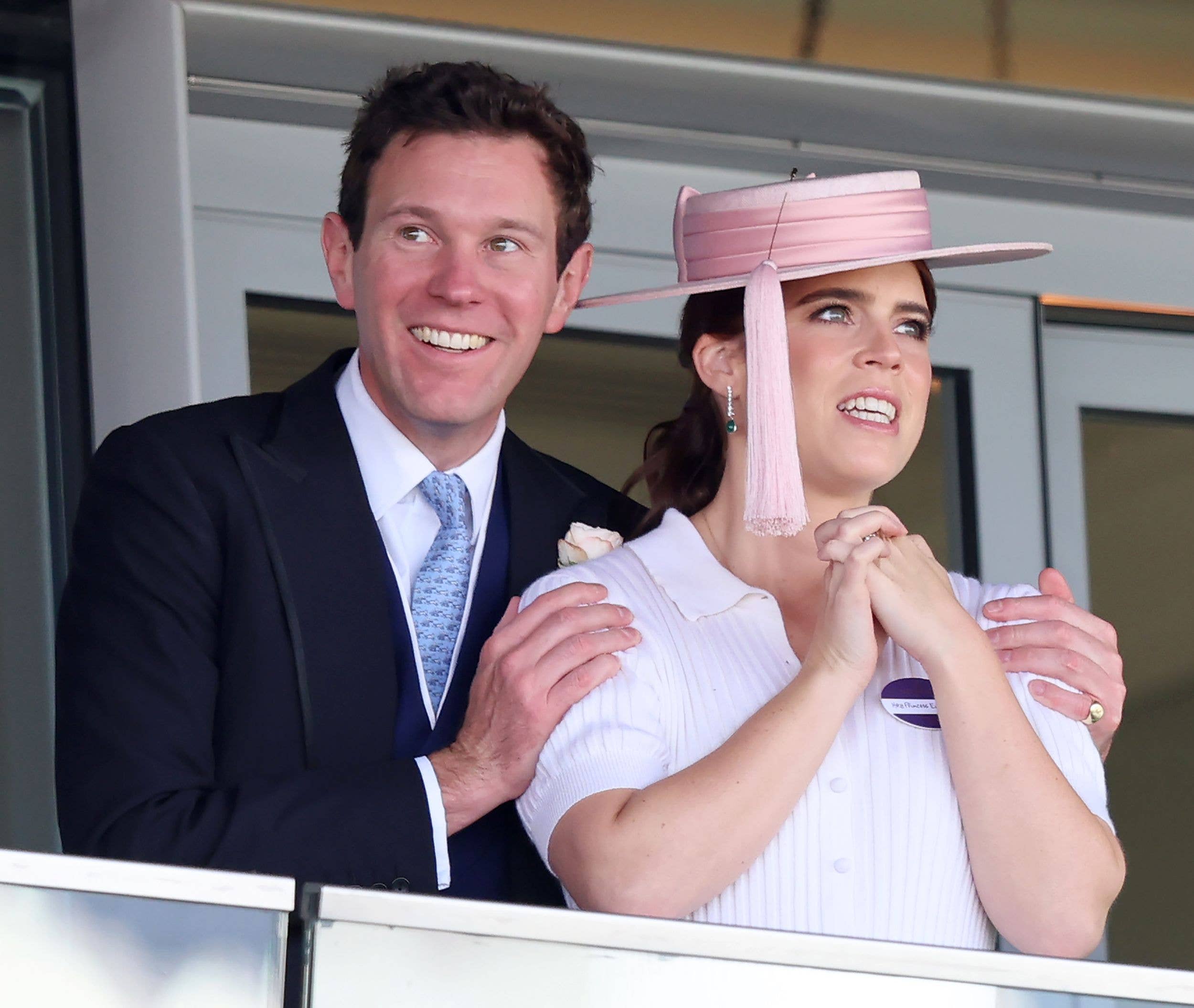 ack Brooksbank hugs Princess Eugenie of York as they attend day two of Royal Ascot 2024 at Ascot Racecourse on June 19, 2024 in Ascot, England. 