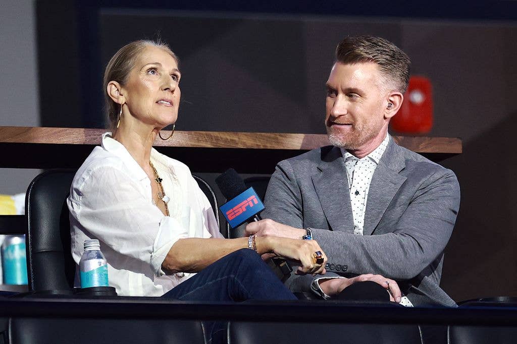 Recording artist Celine Dion is interviewed during the TGL presented by SoFi match between the Atlanta Drive GC and the Jupiter Links Golf Club at SoFi Center on March 04, 2025 in Palm Beach Gardens, Florida.