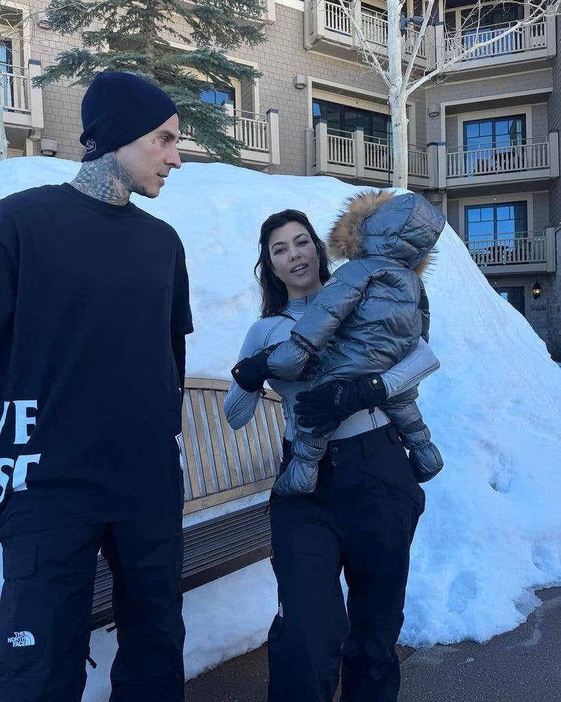 Photo shared by Kourtney Kardashian on Instagram with son Rocky and husband Travis Barker on family holiday in the snow