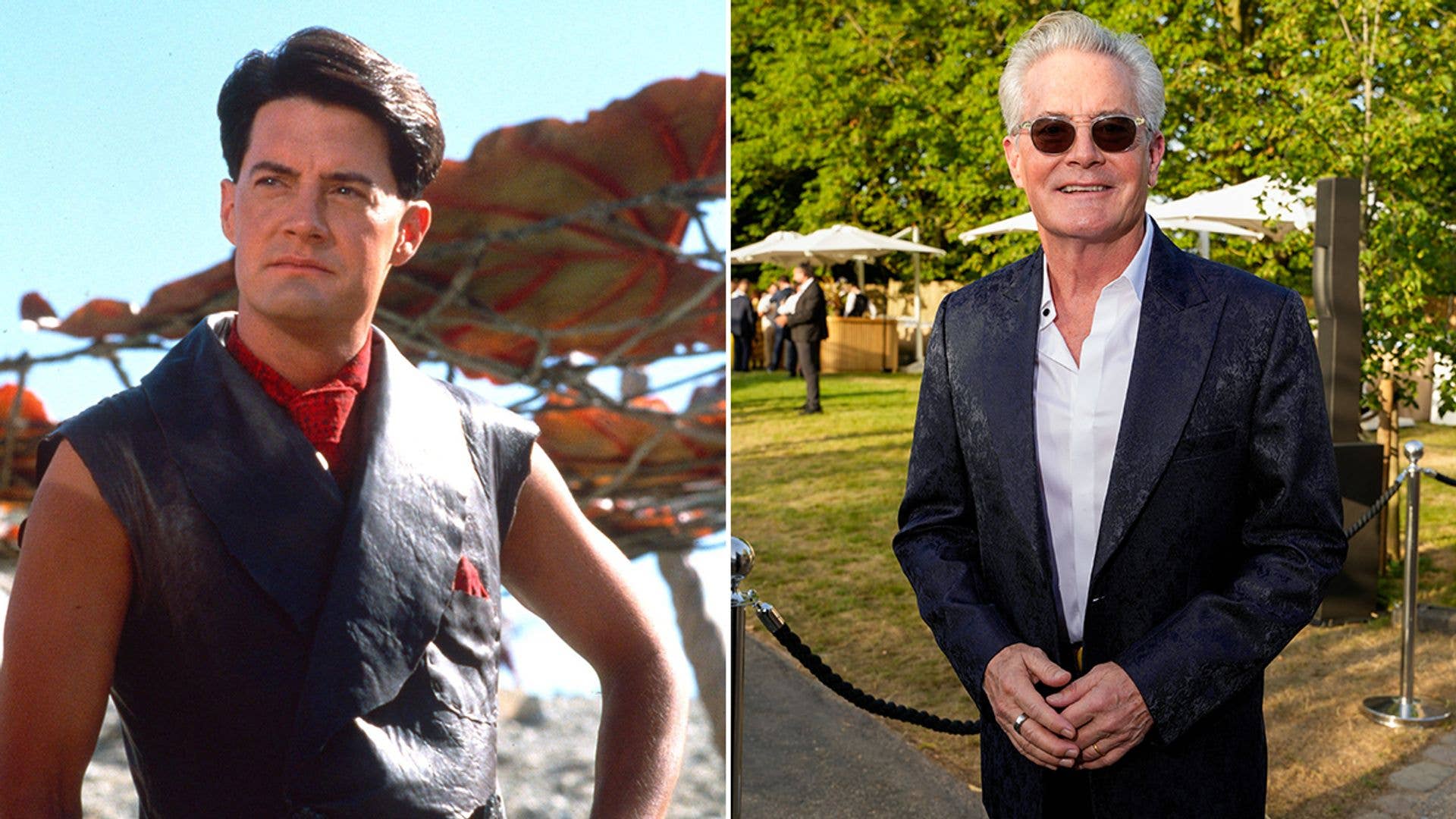 Kyle MacLachlan in leather vest and suit, standing in different settings.