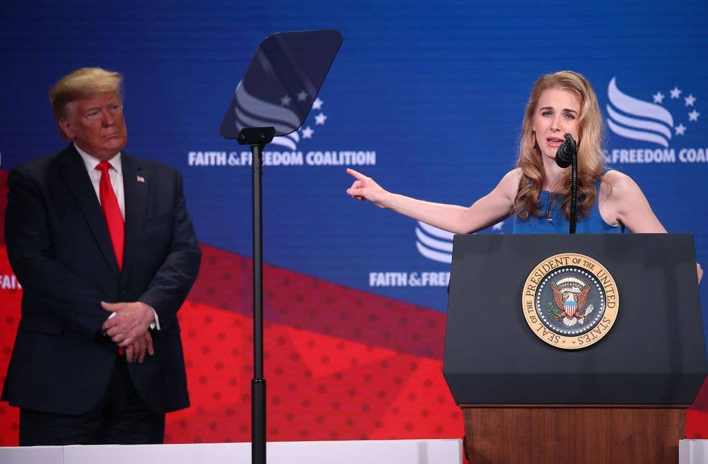 Natalie Harp speaks after being called on stage by U.S. President Donald Trump during the Faith & Freedom Coalition 2019