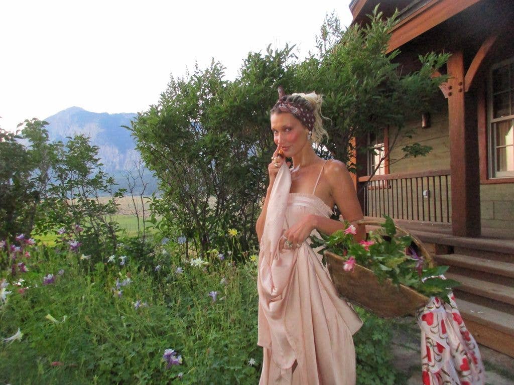Bella in a pink silk dress