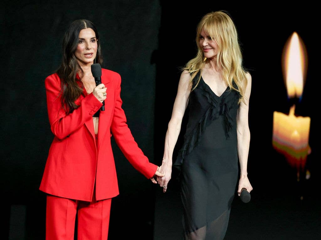 Sandra Bullock (L) and Nicole Kidman promote the upcoming film "Practical Magic 2" at the Warner Bros. Pictures presentation at The Dolby Colosseum at Caesars Palace during CinemaCon, the official convention of Cinema United, on April 14, 2026 in Las Vegas, Nevada. (Photo by Ethan Miller/Getty Images)