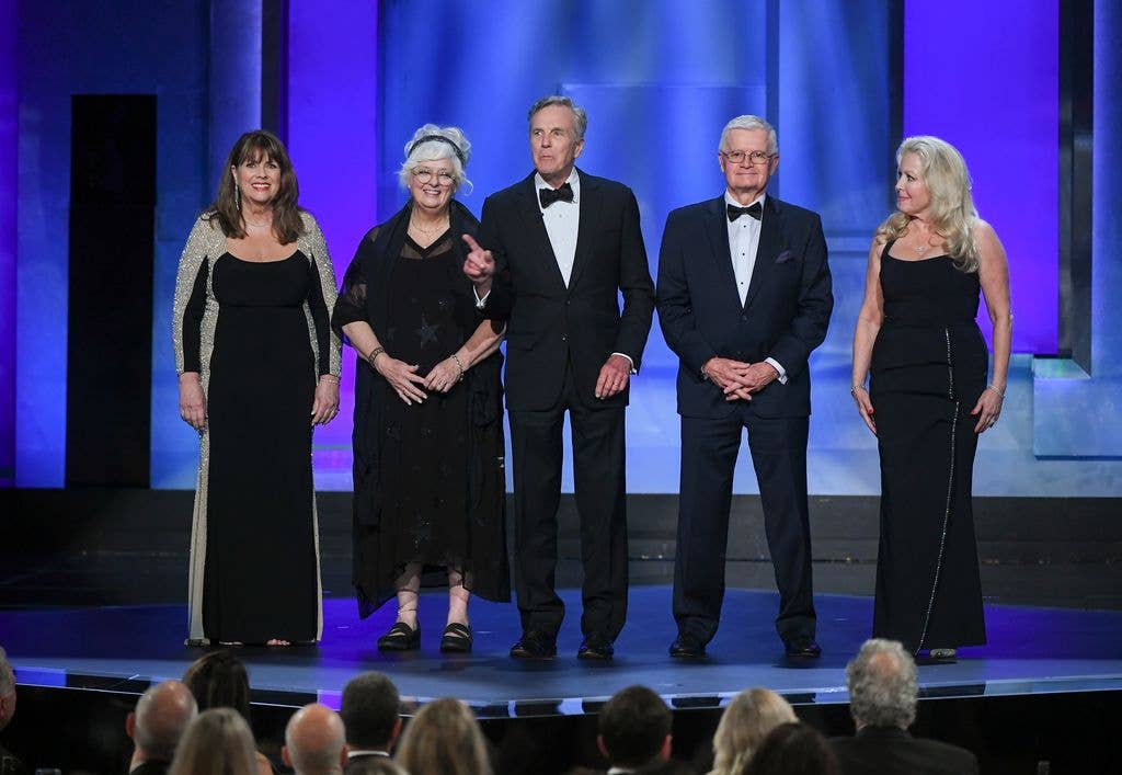 Debbie Turner, Angela Cartwright, Nicholas Hammond, Duane Chase and Kym Karath speak onstage at the AFI Lifetime Achievement Award Tribute Gala to Julie Andrews held at the Dolby Theatre on June 9, 2022 in Los Angeles, California.
