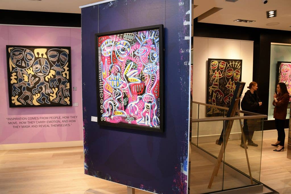 A general view at PARIS BROSNAN's UK debut with new art collection 'COLLECTIVE ENERGY' at Clarendon Fine Art on February 26, 2026 in London, England.