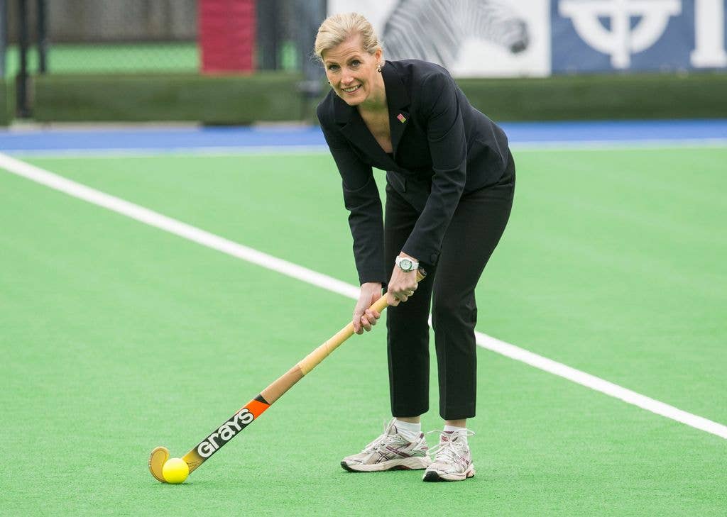 Duchess Sophie takes part in a training session during a visit to the England hockey team at Bisham Abbey on March 11, 2014