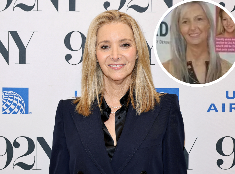 Image of Lisa Kudrow in 2024 with a smaller circular image of a 2004 prediction of what the actress would look like, giving her grey hair and a sideswept fringe.