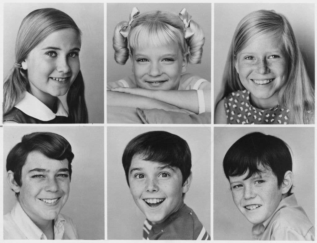 Child cast members of the US TV sitcom 'The Brady Bunch', September 1969. Top (left to right): Maureen McCormick, Susan Olsen and Eve Plumb. Bottom (left to right): Barry Williams, Christopher Knight and Mike Lookinland.