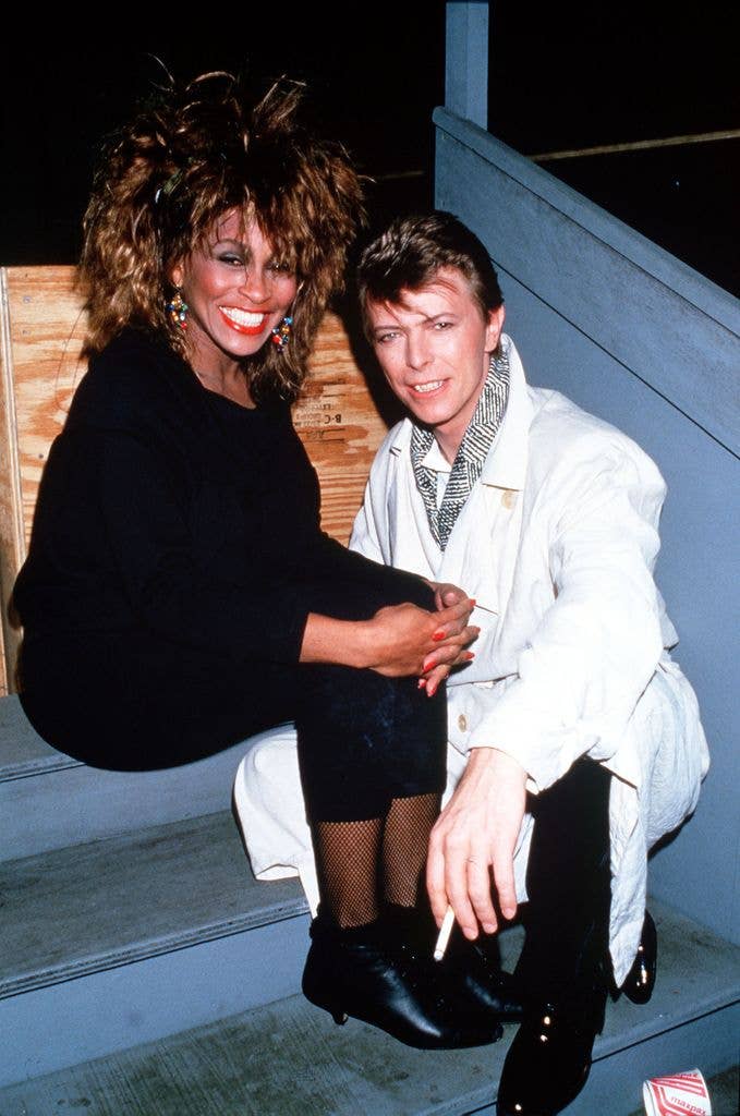 Singers Tina Turner and David Bowie backstage at the Birmingham NEC.