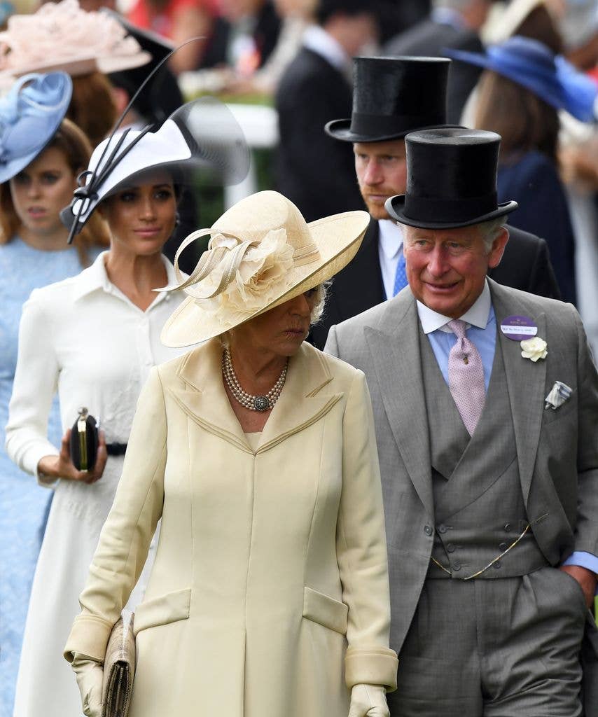 Princess Beatrice, Meghan, Duchess of Sussex, Camilla, Duchess of Cornwall, Prince Harry, Duke of Sussex and Prince Charles, Prince of Wales attend the first day of Royal Ascot on June 19, 2018 in Ascot, England.