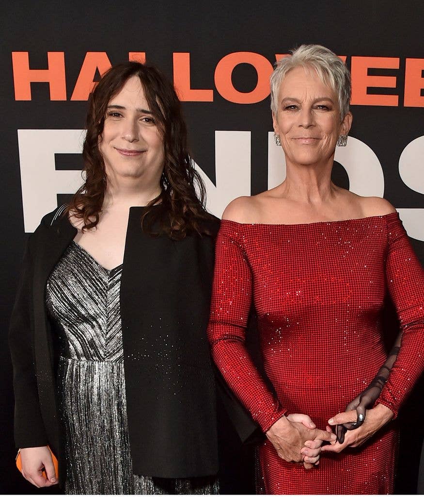 Jamie Lee Curtis, and Ruby Guest stood together smiling on a red carpet