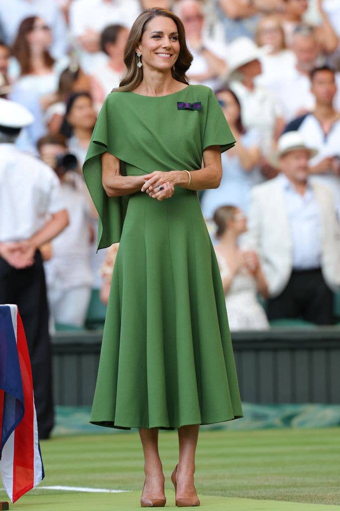 Catherine served elegance at Wimbledon in 2026, stepping out in a sophisticated green Emilia Wickstead dress.