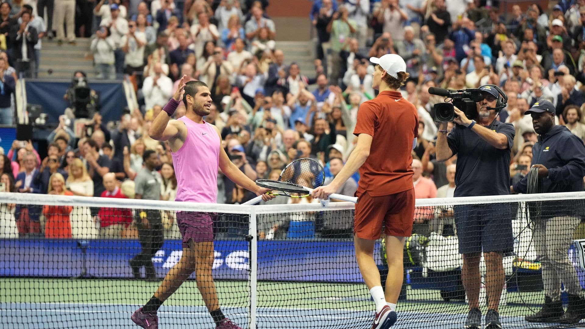 Carlos Alcaraz of Spain and Jannik Sinner of Italy greet each other at the net during the Men's Singles Final match of the 2025 US Open at USTA Billie Jean King National Tennis Center.
